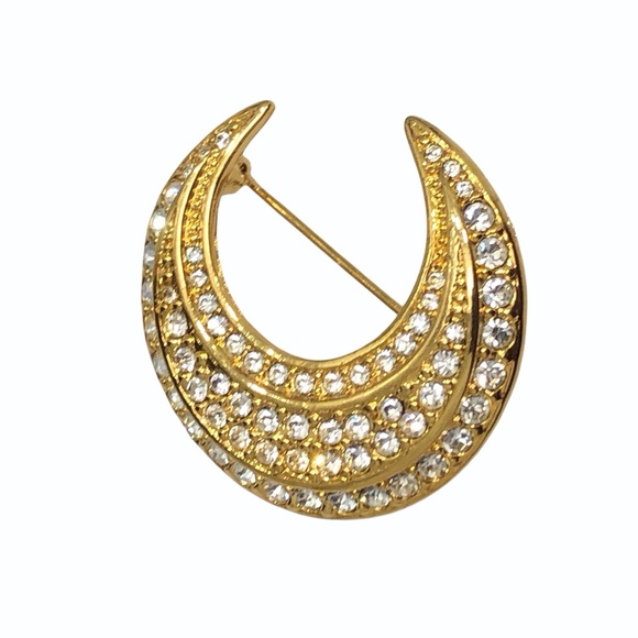 VINTAGE JOAN RIVERS GOLD & CLEAR CRYSTAL CRESCENT MOON BROOCH - Picture 5 of 16